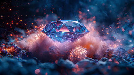 A vibrant, glowing diamond rests amidst a mystical, sparkling environment, emitting an enchanting light.