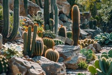 Rock garden interspersed with various cacti species under bright sunlight, creating a natural desert landscape.