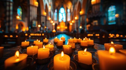 Majestic cathedral with flickering candles and an intricate altar, symbolizing faith and spiritual solace. - obrazy, fototapety, plakaty
