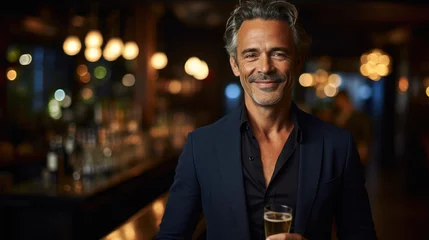 Fotobehang Handsome mature man in suit holding glass of champagne and smiling while standing at bar created with Generative AI Technology © AstraNova