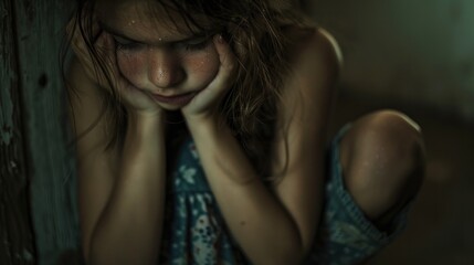 Young girl portraying profound sadness and isolation, embodying depths of despair.