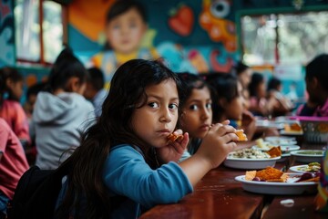 Diverse children enjoying lunch in bustling school cafeteria. Candid, slice-of-life style.