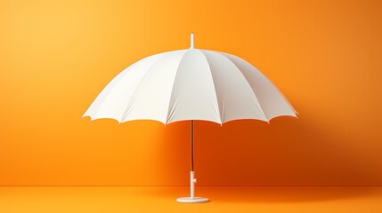 A minimalist white umbrella mockup against a lively orange backdrop, the HD camera capturing the canopy design and folding mechanism. - obrazy, fototapety, plakaty