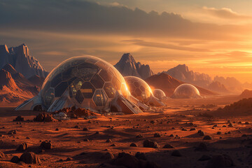 Geodesic domes shimmering under the alien sunlight on Mars