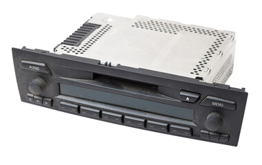 Obraz premium an media audio system and a radio in gray and black plastic of car with cd and mp3 music on white isolated background