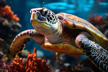 turtle on the coral reef, animals of the marine world