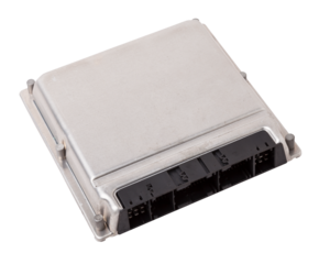 Metallic car engine control unit with plastic elements soaring on a white isolated background is connecting center of various subsystems, units and assemblies. Spare part.