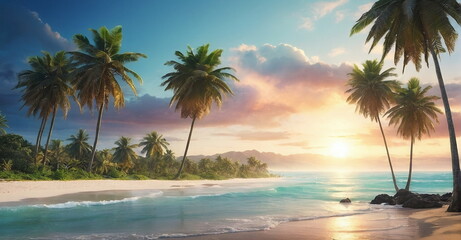 Calm tropical sea and sandy beach with blue sky background. Banner.Beautiful seascape, coastal, ocean poster.Copy space