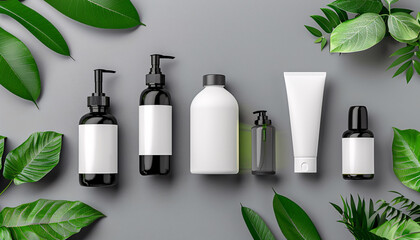 Set of SPA cosmetic containers and bottles, branding templates and green leaves. Top view shampoo bottle concept illustration