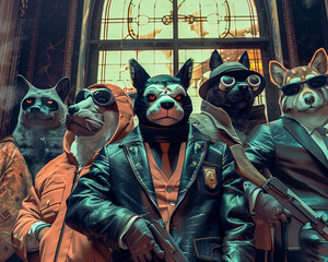 A comic-style bank heist with animals as the robbers and police8K resolution