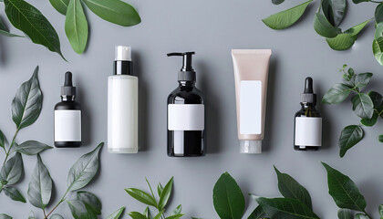 Set of SPA cosmetic containers and bottles, branding templates and green leaves. Top view shampoo bottle concept illustration - obrazy, fototapety, plakaty