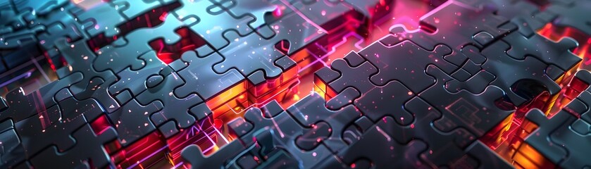 Glowing Technological Puzzle Pieces Interconnected in a Dynamic Cyber Landscape