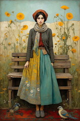 Fototapeta na wymiar Vintage woman with flowers portrait . Illustration painting Art. Poster