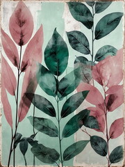 Abstract Vintage leaves background green pink colors painting art. Modern Botanical Poster. Floral Card.