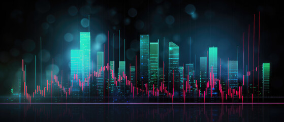 Neon financial market chart with colorful forex line graph on dark background created with Generative AI Technology - obrazy, fototapety, plakaty