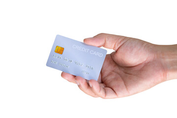 A man holds a credit card and uses it to make payments and pay for items with a credit card. Finance and banking concept on white background