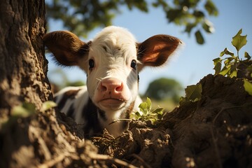 Cow sticking its head out from behind a tree - obrazy, fototapety, plakaty