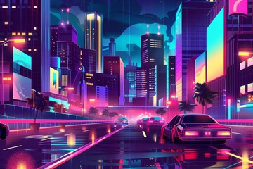  An energetic wallpaper illustration showcasing an 80s-inspired cityscape, complete with neon-lit skyscrapers, bustling streets, and retro cars, Generative AI