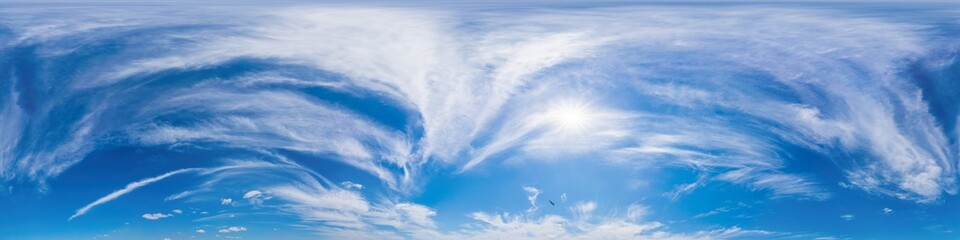 Blue summer 360 panorama of sky with clouds, no ground, in spherical equirectangular format for...