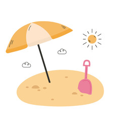Summer beach umbrella and shovel on the sand