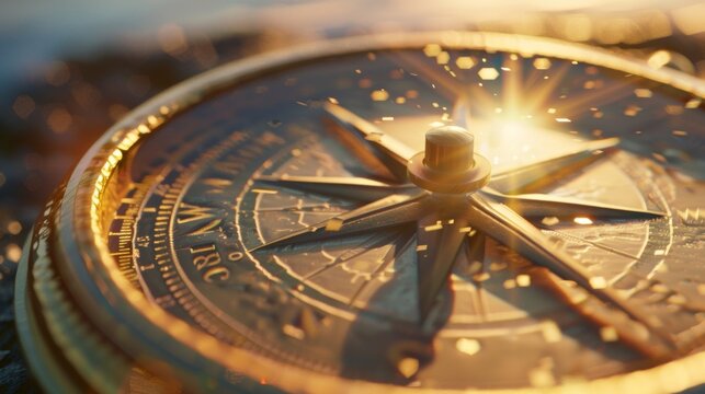 A closeup of a compass its needle pointing steadily towards the North. The suns reflection dances off the crystal clear glass cover.