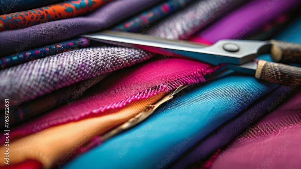 Poster a closeup of a fabric ters razorsharp scissors as they expertly glide through a stack of heavy textu