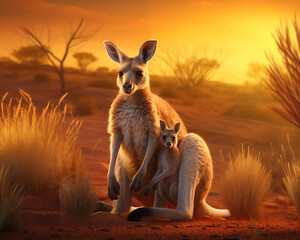 Kangaroo and baby kangaroo are mammals. Females have marsupials to house their young. It is a native animal of Australia. - obrazy, fototapety, plakaty