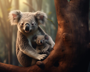 Koalas and baby koalas are possums. Females have marsupials to house their young and breastfeed. - obrazy, fototapety, plakaty