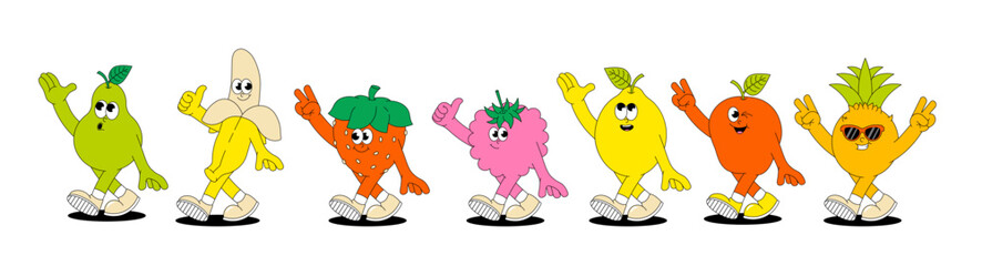 Summer Fruits. Retro groovy sticker and patch. Comic characters strawberry, lemon, banana, apple, pineapple, pear, raspberry. Vector illustration.