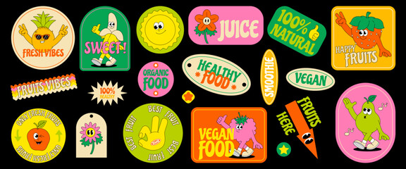 Funny Fruits. Retro groovy sticker and patch. Comic characters of strawberry, banana, watermelon, apple, slogan, quotes and other elements. Summer vector illustration.