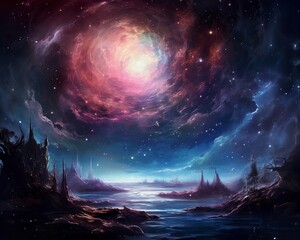 an artwork featuring a mysterious nebula filled with shimmering water under the enchanting glow of the lunar miracle - obrazy, fototapety, plakaty