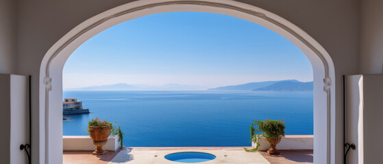 white interior of mediterranean house with view of the sea and bright blue sky from the arched gate of the white building created with Generative AI Technology