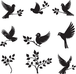 Set of Dove Birds on branch silhouettes 