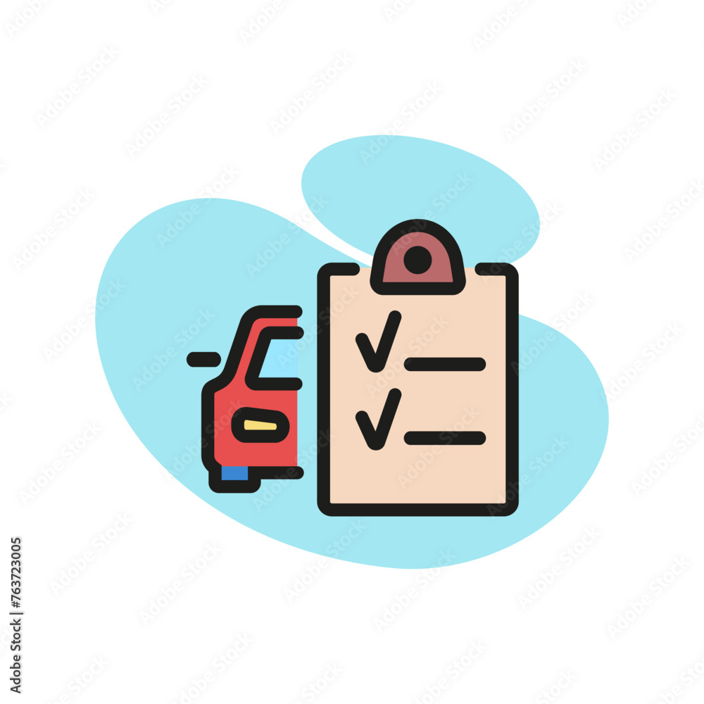 Poster Line icon of car and checklist. Auto service contract, accident report, vehicle registration. Transport concept. Can be used for topics like traffic, service, trade