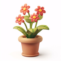 Cute green plants blooming in flower pot 3D illustration, gardening home concept element