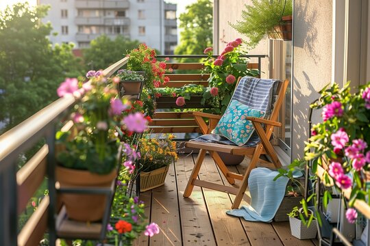 An HD photograph of a beautiful balcony or terrace adorned with a wooden floor, chair, and lush green potted flowers, capturing the tranquil oasis within the urban hustle. 