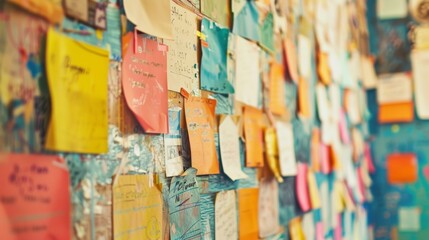 A closeup of a bulletin board covered in colorful notes flyers and pictures showcasing the unique personalities and interests of the dorms residents.