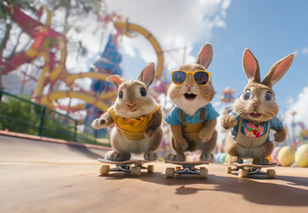 Three cute bunnies with big eyes wearing sunglasses, skateboard in front of the theme park with roller coasters and colorful decorations. 