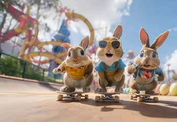 Foto op Plexiglas Three cute bunnies with big eyes wearing sunglasses, skateboard in front of the theme park with roller coasters and colorful decorations.  © Waraphorn Aphai