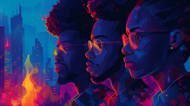 Vibrant Twilight Cityscape with African American Silhouettes in Neon
