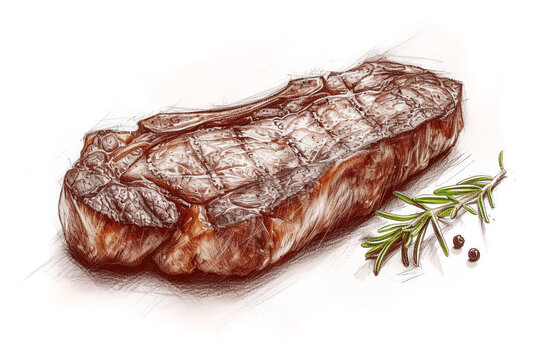 Meat steak and rosemary in pencil sketch style on white background