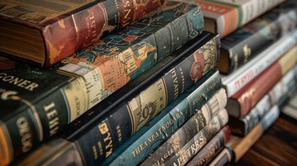 A closeup of a stack of textbooks on the history of global conflicts with titles in bold fonts and evocative covers showcasing the depth and breadth of educational materials