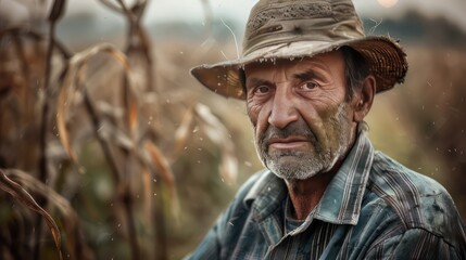 Obraz premium senior farmer working in crops field in sunrise background
