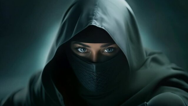 Female ninja with sword on grey background