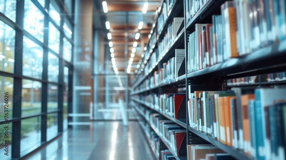 Poster a closeup of the schools library showcases a modern and open design with rows of bookshelves and stu