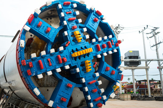 Colorful of cutter head of a Tunnel boring machine (TBM) look like brick building game. Machine for underground drill.