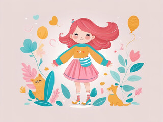 Cute little girl with cute cat and flowers. Vector illustration.