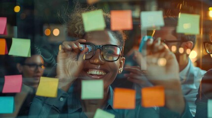 View through the glass of a group of businessmen Cheer each other to win ideas. While brainstorming with sticky notes on a glass wall in a modern office Contrast the emphasis on the notes on the wall.