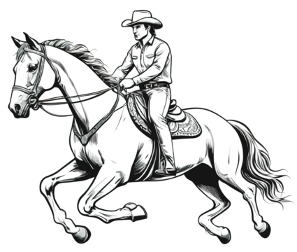 Cowboy riding horse. Hand drawn ink sketch. transparent background Vector illustration