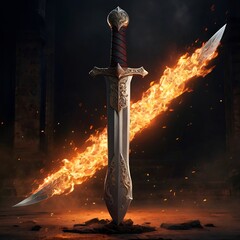 Dynamic flaming medieval sword emerges, embodying power and mythic intensity